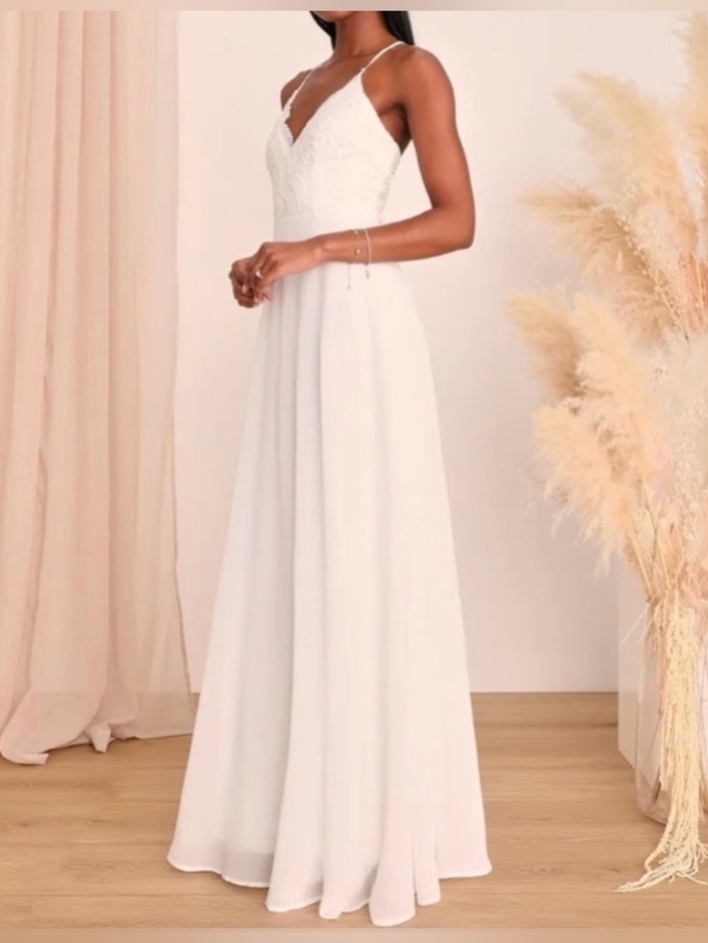Lulu's White Spaghetti-Strap Lace Bodice Maxi Dress